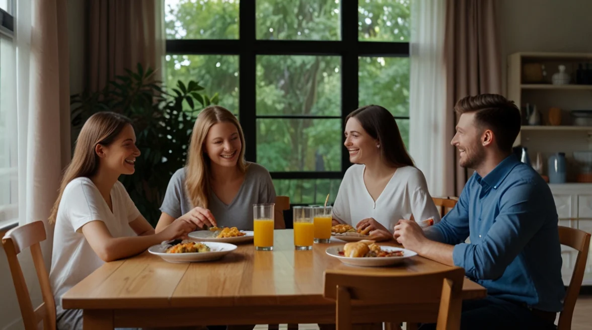 family of 4 people eating Bush's White Chicken Chili
